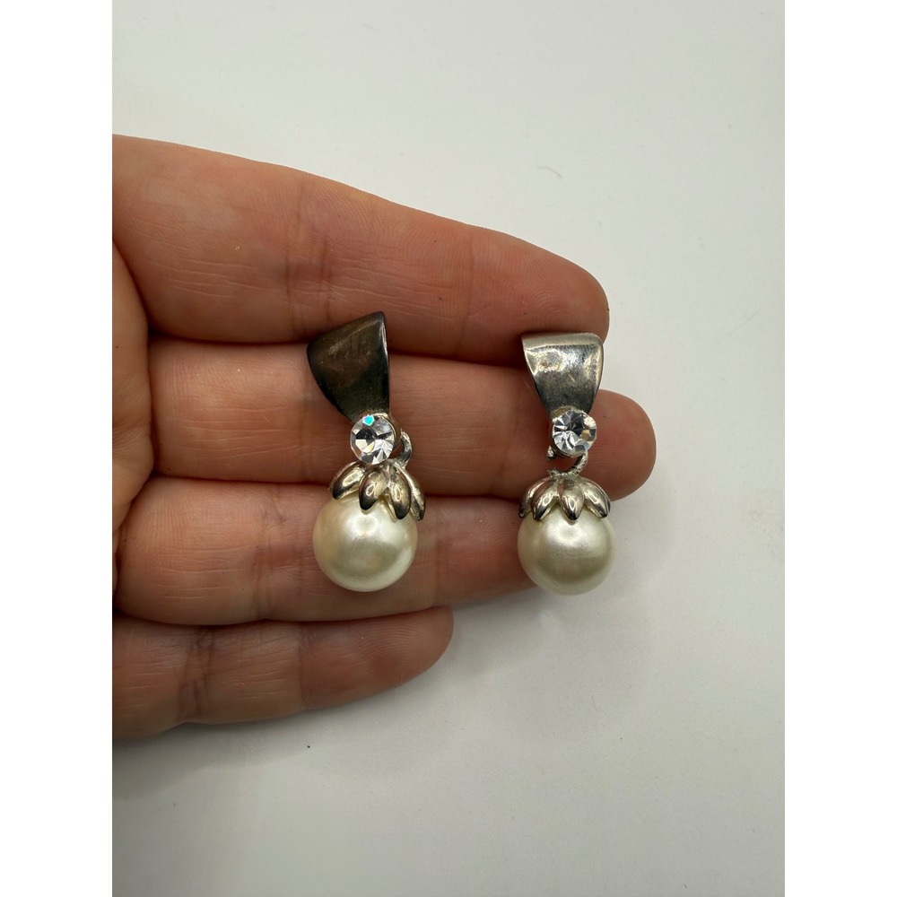 Vintage Faux Pearl Crystal Drop Earrings Silver Tone Post Back Dangle Bridal